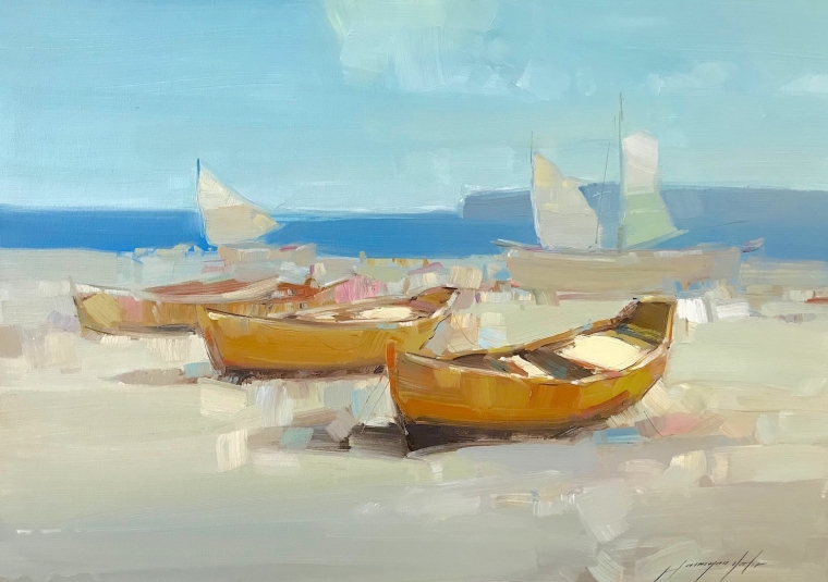 Boats on the Shore, Original oil Painting, Handmade artwork, One of a Kind
